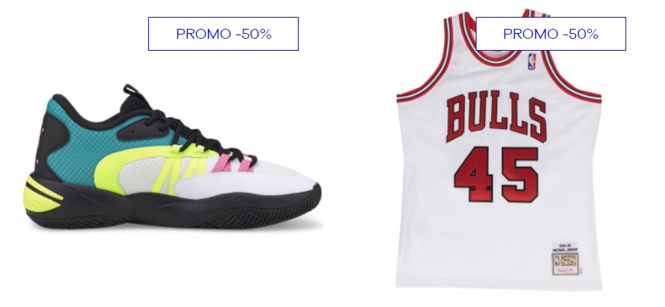 capture d'écran de promotions sur des baskets et un maillot de Michael Jordan constaté sur un site e-commerce